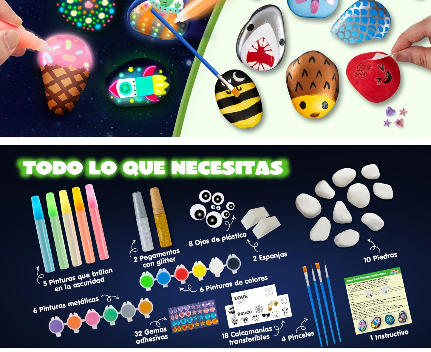 Glow in the Dark Rock Painting Kit for Kids Ages 6+ – Complete Arts & Crafts Set with 10 Rocks, 17 Paints, Gems, Brushes & Stickers | STEM Creative Art Toy Gift for Boys & Girls, Birthday & Easter