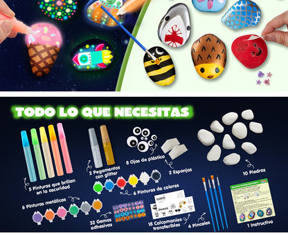 Glow in the Dark Rock Painting Kit for Kids Ages 6+ – Complete Arts & Crafts Set with 10 Rocks, 17 Paints, Gems, Brushes & Stickers | STEM Creative Art Toy Gift for Boys & Girls, Birthday & Easter