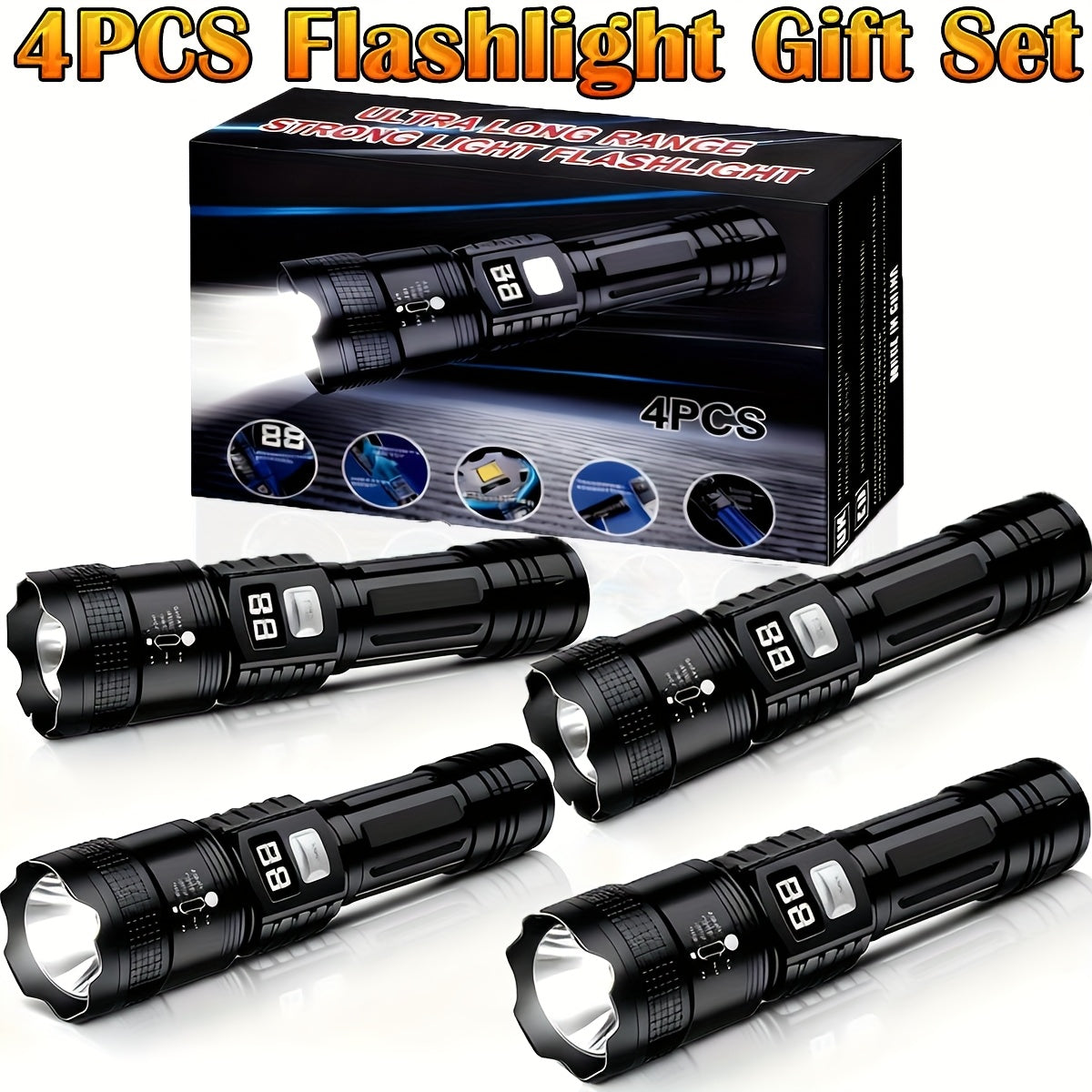 Rechargeable LED Flashlight 4-Pack - Super Bright Zoomable Spotlight, USB Charging, Long Range Tactical Work Light for Camping, Hiking, Emergency & Outdoor Survival, High-Power LED Torch Set