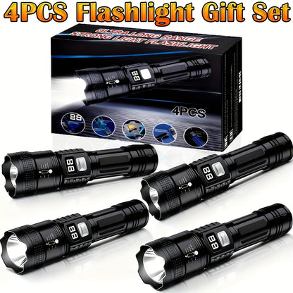 Rechargeable LED Flashlight 4-Pack - Super Bright Zoomable Spotlight, USB Charging, Long Range Tactical Work Light for Camping, Hiking, Emergency & Outdoor Survival, High-Power LED Torch Set
