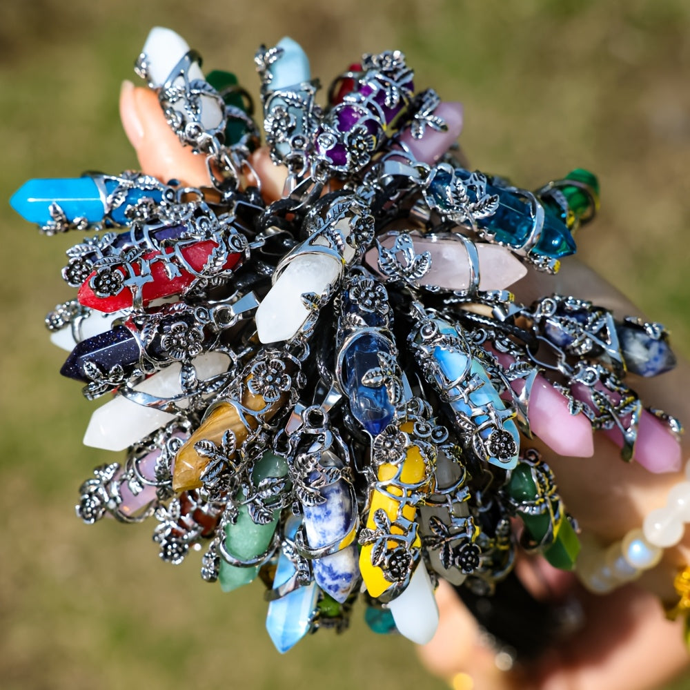 20pcs Natural Stone Hexagonal Column Pendant & Rope Necklace DIY Set – Boho Vintage Gemstone Pendants for Jewelry Craft Making, 10 Wrapped Flower Pendants + 10 Rope Necklaces, Perfect Gift