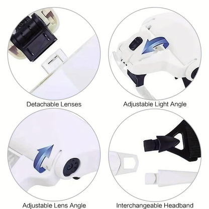 Head Mounted Magnifier with LED Light, 5 Interchangeable Lenses 1.0X-3.5X, Adjustable Headband Magnifying Headset for Jewelry Making, Electronics Repair, Model Building, Reading & Precision Work