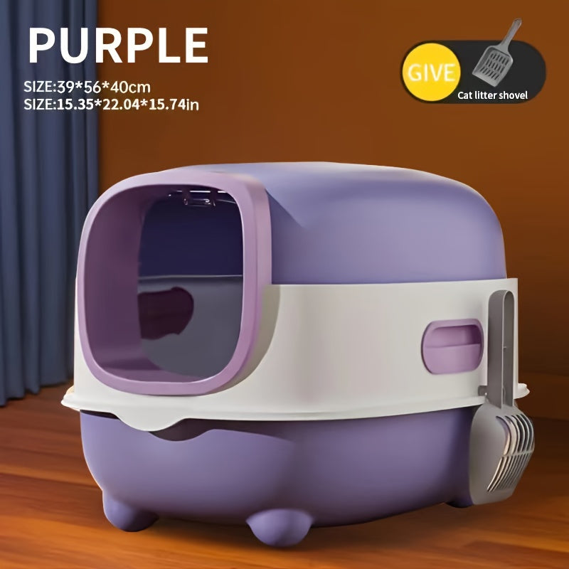 Extra Large Enclosed Cat Litter Box with Pull-Out Drawer Anti-Odor Anti-Splash Easy Clean Portable Indoor Outdoor Cat Toilet with Litter Shovel Purple Gray Blue Holiday Gift