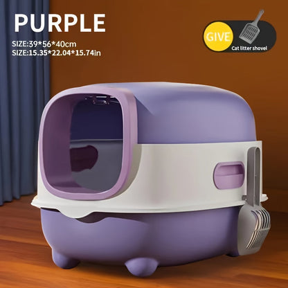 Extra Large Enclosed Cat Litter Box with Pull-Out Drawer Anti-Odor Anti-Splash Easy Clean Portable Indoor Outdoor Cat Toilet with Litter Shovel Purple Gray Blue Holiday Gift