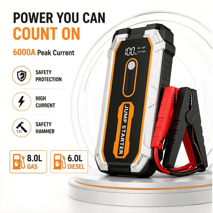 5500A Portable Car Jump Starter – 12V Battery Booster Pack for 8.0L Gas & 6.0L Diesel Engines, Compact Emergency Jump Box with Safety Jumper Cables, Fast Charging & LED Lights