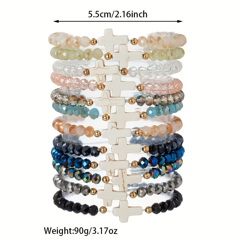 24pc Bohemian Cross Charm Bracelet Set – Colorful Elastic Stretch Bands with Resin & Glass Cross Charms, Bulk Pack for Daily Wear, Vacation, Parties & Holiday Gifting