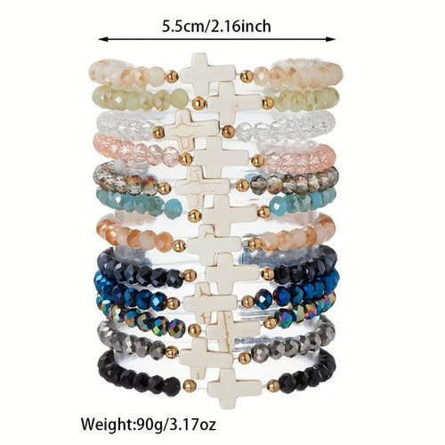 24pc Bohemian Cross Charm Bracelet Set – Colorful Elastic Stretch Bands with Resin & Glass Cross Charms, Bulk Pack for Daily Wear, Vacation, Parties & Holiday Gifting