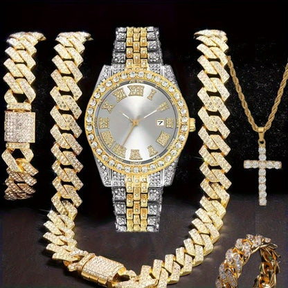 Men's Hip Hop Watch & Jewelry Set - Cuban Chain Pendant Necklace Bracelet Combo, Trendy Bling Accessories for Men, Perfect Gift for Christmas Birthday Valentine's Day Father's Day