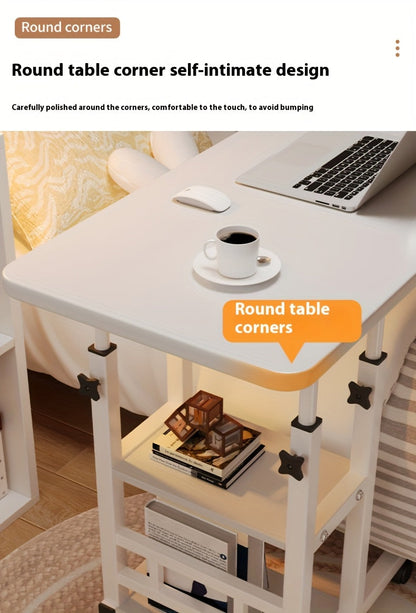Height Adjustable Rolling Laptop Table with 4 Wheels & Dual Shelves – Mobile Workstation Desk for Bedside Dorm Office Living Room, Sturdy Steel Frame Space-Saving Design