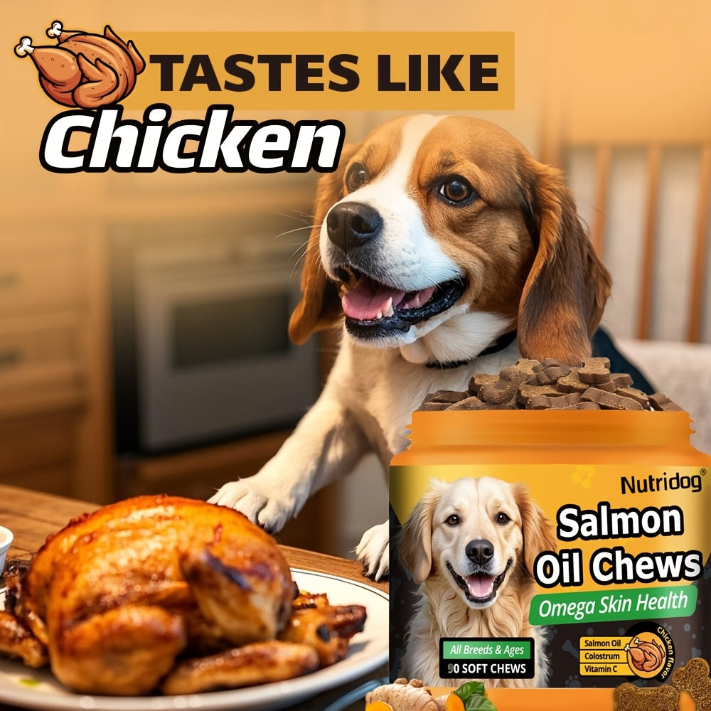 Dog Nutritional Supplement Soft Chews 90 Count with Probiotics Salmon Oil Chicken Flavor - Supports Coat Gut Health Immunity for Dogs All Ages 225g