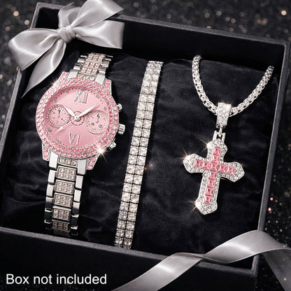 3pcs Women's Fashion Watch and Jewelry Set – Elegant Rhinestone Ring & Bracelet Watch Set, Stylish Gift for Women in Pink Red Silver, Perfect for Birthday Valentine's Day Anniversary