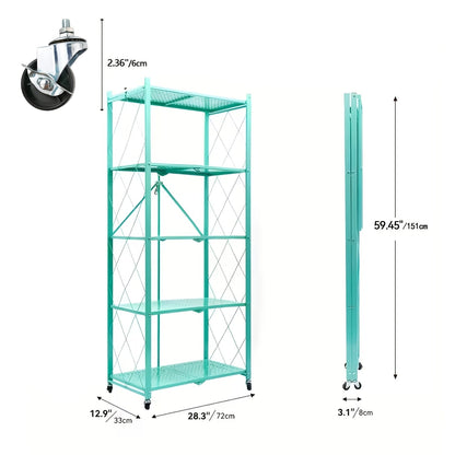 Heavy Duty Folding Storage Rack with Wheels – 3/4/5-Tier Portable Floor-Standing Shelf, No Assembly Required, for Home, Office, Bedroom & Dorm, 4 Colors Available