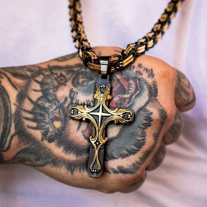304 Stainless Steel Cuban Chain Necklace & Bracelet Set for Men – Religious Cross Pendant, Tarnish-Resistant Hip Hop Jewelry, Silver Tone, Daily Wear & Gift