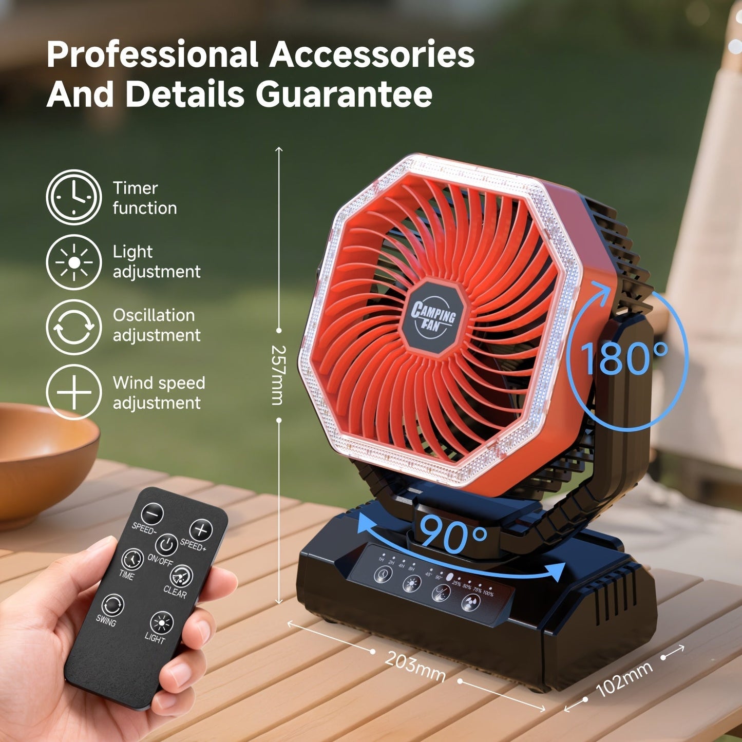 20000mAh Camping Fan with LED Light & Remote Control – 4-Speed Brushless Motor, 180° Oscillating Portable Outdoor Fan, 22-26 Hour Battery Life, 40 LEDs, Timer – for Camping, Hiking, Tent, Emergency & Home Use