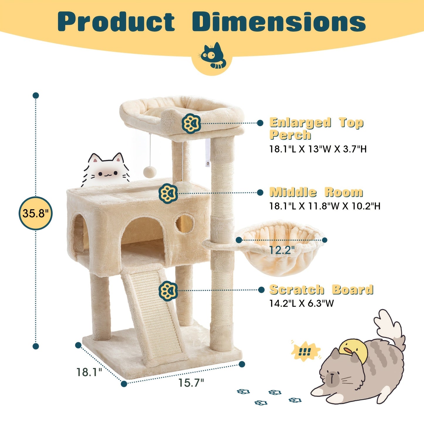 WEEWAY Corner Cat Tree Tower for Indoor Cats 36–81 Inch – Multi-Level Cat Furniture with Sisal Scratching Posts, Condo Cave, Hammock, Ramps, Plush Perches, Basket & Pompom Toys, Perfect Cat Gift