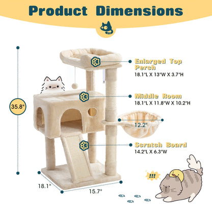 WEEWAY Corner Cat Tree Tower for Indoor Cats 36–81 Inch – Multi-Level Cat Furniture with Sisal Scratching Posts, Condo Cave, Hammock, Ramps, Plush Perches, Basket & Pompom Toys, Perfect Cat Gift