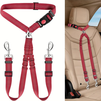 Dual Dog Car Seat Belt for 2 Dogs No-Tangle Headrest Restraint Adjustable Bungee Pet Safety Harness for Small Medium Large Dogs Car Travel