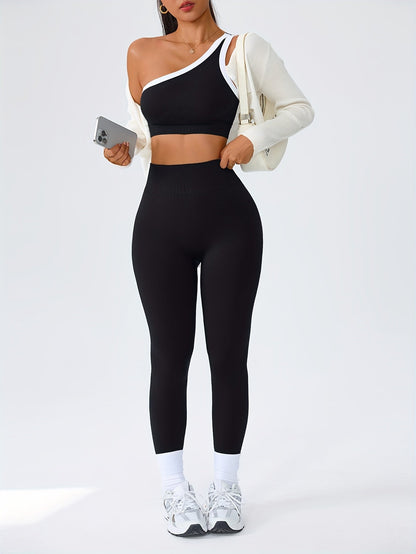 Women's 2-Piece High-Waisted Butt-Lifting Leggings & Sports Bra Set – 90% Polyamide Stretchy Minimalist Yoga Running Workout Outfit with Camisole Top, Solid Color, S-XL