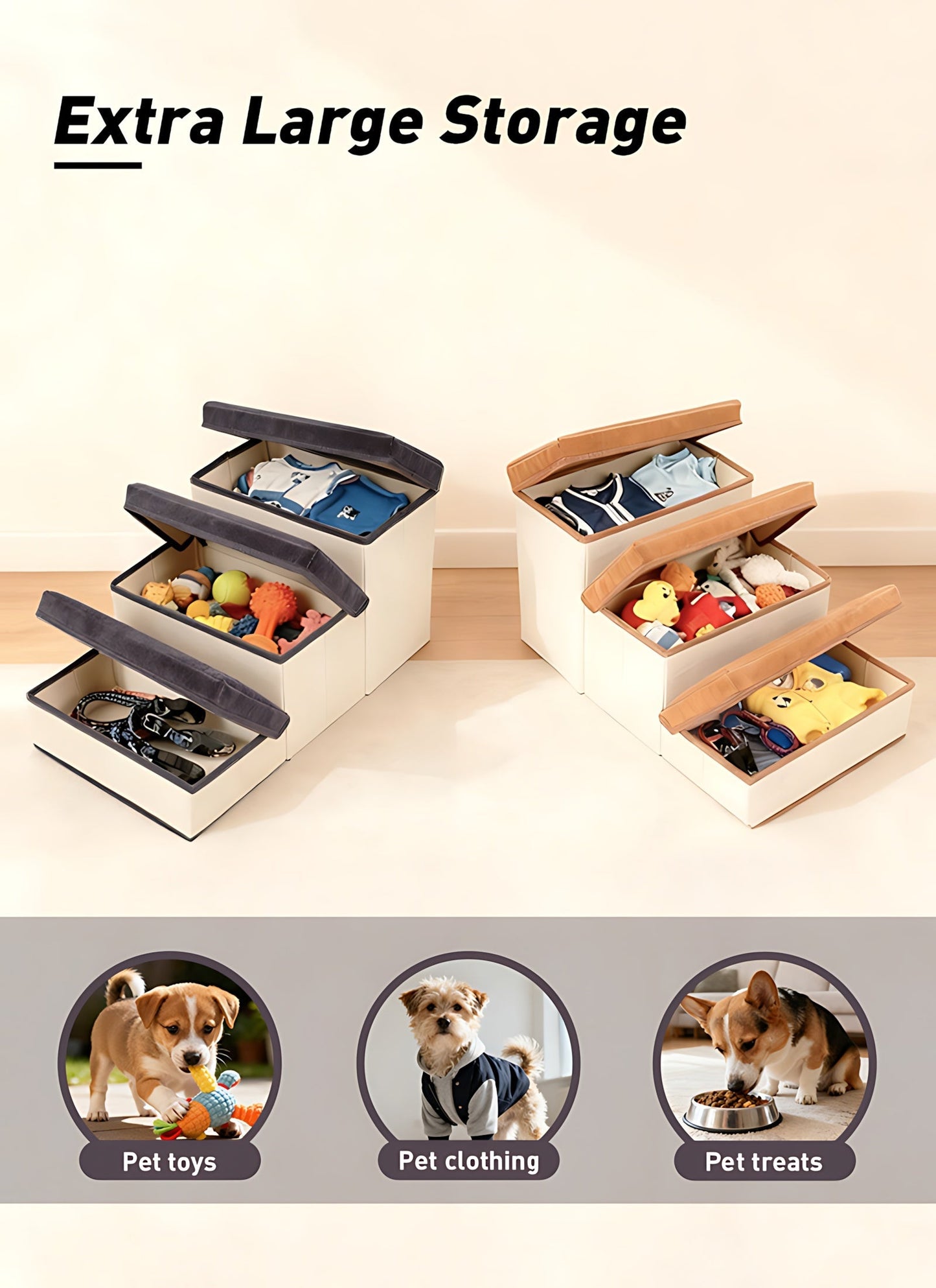3-Tier Foldable Dog Stairs for Small Dogs – Non-Slip Nylon Pet Ramp for High Beds & Sofas, Compact Foldable Design, Brown & White, Includes Bonus Chicken Leg Plush Toy