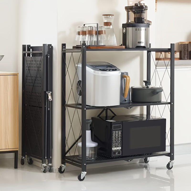 3-Layer Heavy Duty Foldable Metal Storage Rack with Wheels 750 LBS Capacity – Movable Rolling Shelving Unit for Garage, Kitchen, Warehouse & Home Organization, Black
