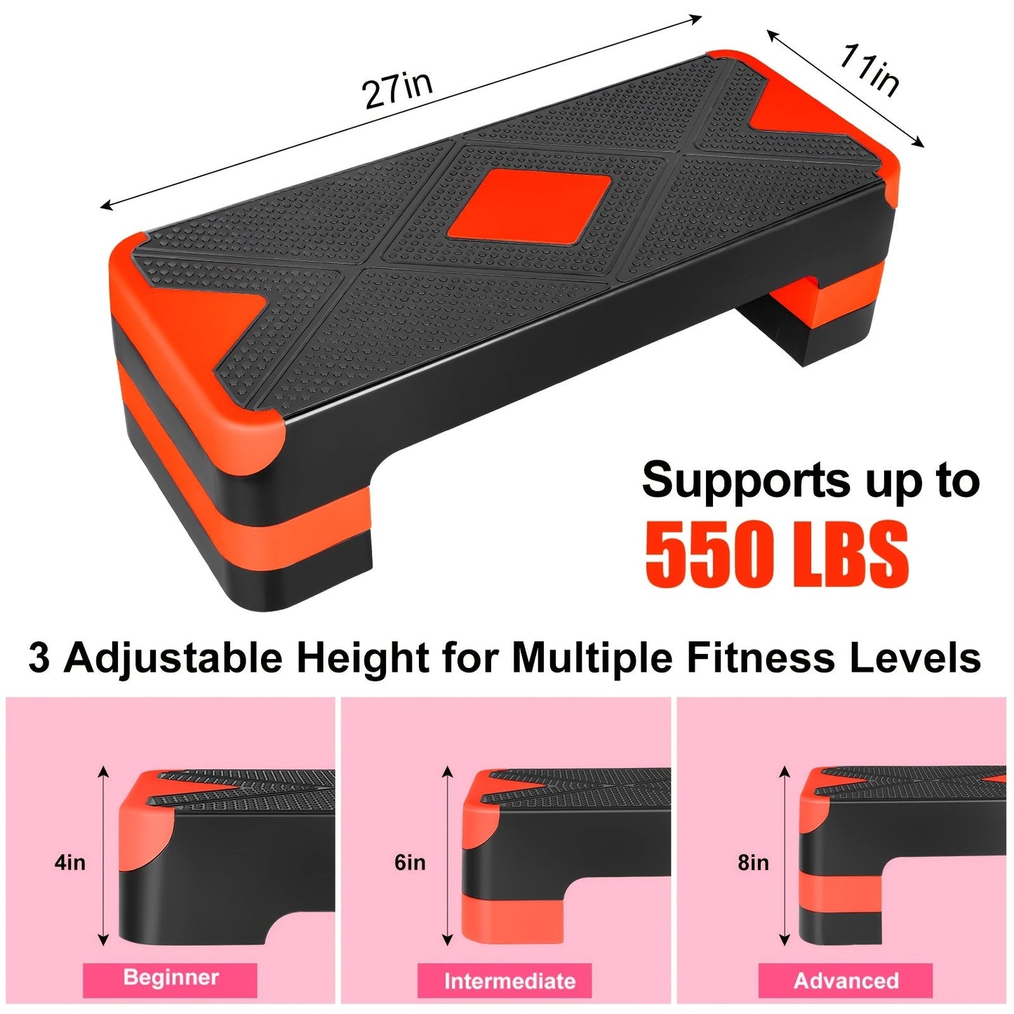Adjustable Aerobic Step Platform – 3 Height Settings (4"/6"/8"), Non-Slip Workout Stepper for Home Gym Cardio Training, Step Aerobics Exercise Board (6 Colors)