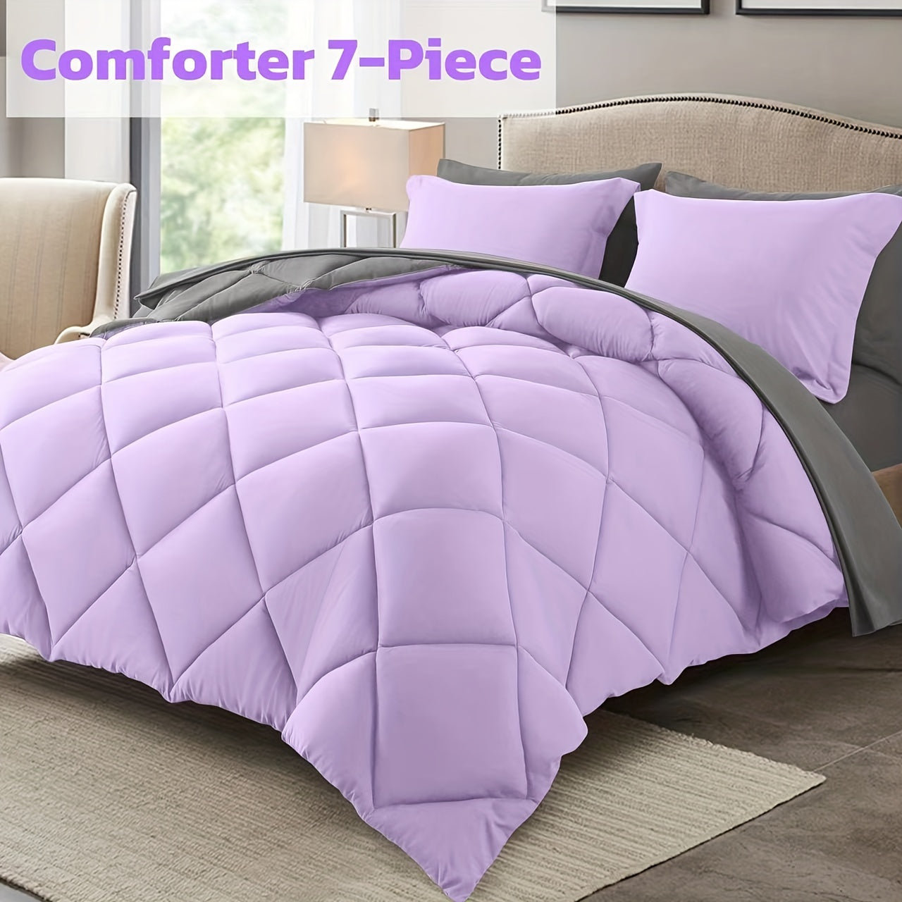 7 Piece Comforter Set Queen King Size – Soft Microfiber Pinch Pleated Bed in a Bag with Comforter, Fitted Sheet, Flat Sheet & 4 Pillowcases, All-Season Bedding Set for Home & Dorm