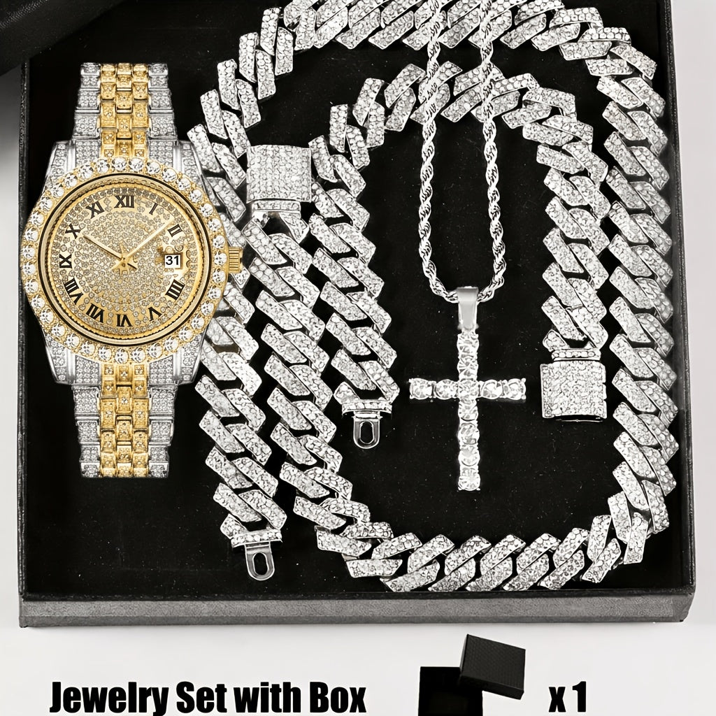 4pcs Rhinestone Watch & Cross Pendant Jewelry Set Quartz Analog Wrist Watch Necklace Bracelet Earrings Unisex Gift for Him Her Wedding