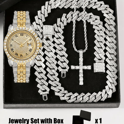 4pcs Rhinestone Watch & Cross Pendant Jewelry Set Quartz Analog Wrist Watch Necklace Bracelet Earrings Unisex Gift for Him Her Wedding