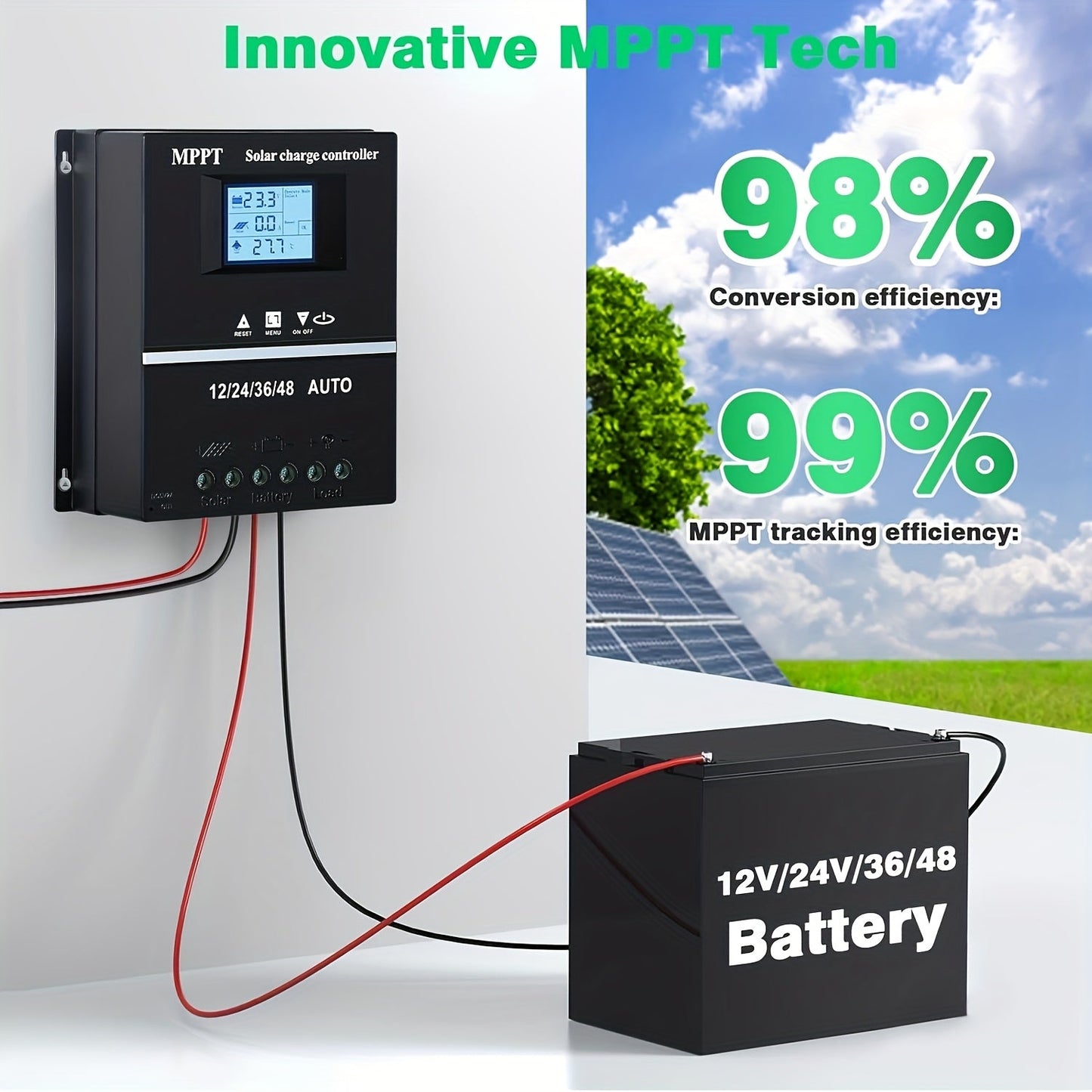 100A MPPT Solar Charge Controller with LCD Display & Auto Tracking - Compatible with Lead-Acid, Lithium & LiFePO4 Batteries, for Off-Grid Solar Systems, RV, Boat & Home