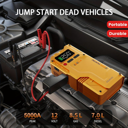 7000A Portable Jump Starter with Air Compressor – 5000A/7000A Peak Battery Pack with 150PSI Digital Tire Inflator, Fits 10L Gas & 2.38gal Diesel, Fast USB Charging & LED Emergency Light