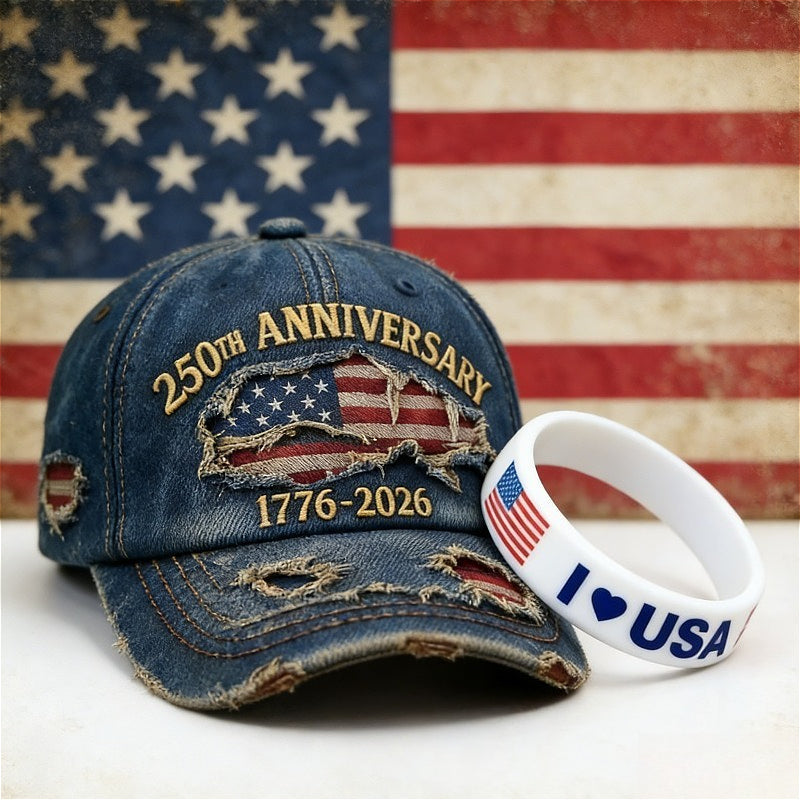 Patriotic Embroidered Distressed Denim Baseball Cap & Wristband Set – USA 250th Anniversary Independence Day Gift, American Flag Theme, Adjustable Unisex Hat for 4th of July Celebrations