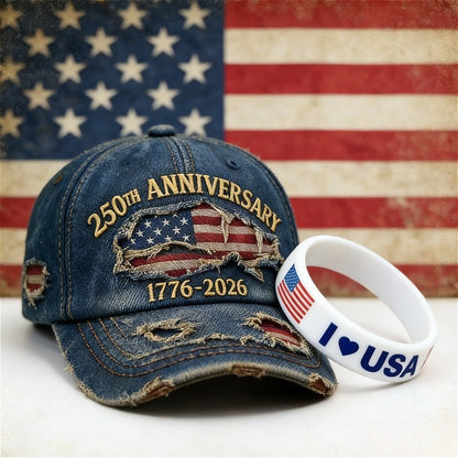 Patriotic Embroidered Distressed Denim Baseball Cap & Wristband Set – USA 250th Anniversary Independence Day Gift, American Flag Theme, Adjustable Unisex Hat for 4th of July Celebrations