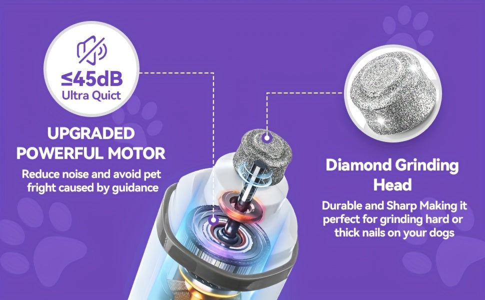 Quiet Dog Nail Grinder with LED Light – 3-Speed Rechargeable Electric Pet Nail Trimmer Kit, Painless Paw Grooming for Small Medium Large Dogs & Cats