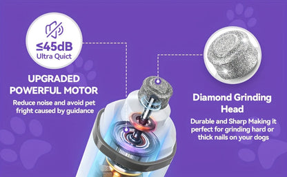 Quiet Dog Nail Grinder with LED Light – 3-Speed Rechargeable Electric Pet Nail Trimmer Kit, Painless Paw Grooming for Small Medium Large Dogs & Cats