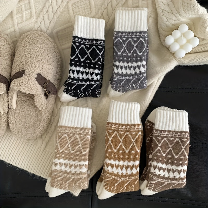5-Pack Women's Thermal Winter Socks – Fluffy Warm Mid-Calf Cold Weather Socks with Ethnic Rhombus Pattern, Cozy Soft Fabric for Outdoor Commuting & Everyday Wear, Multi-Color