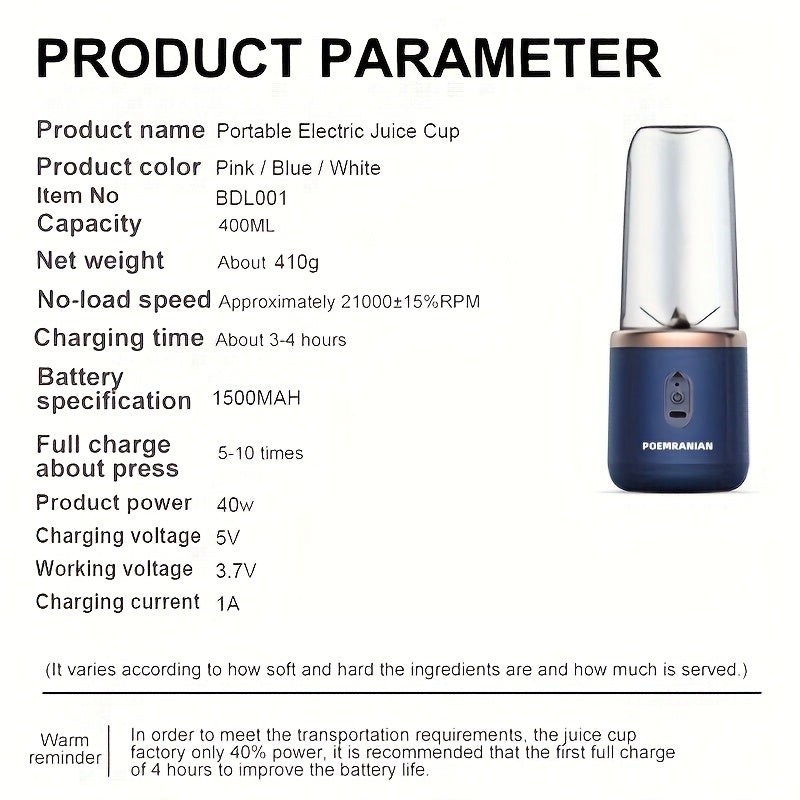 Portable Personal Blender Juicer 1500mAh USB Rechargeable – Food Grade ABS Double Cup Fruit & Vegetable Smoothie Maker, Multifunctional Mini Juicer for Home, Travel & Gym, Gift Box Included