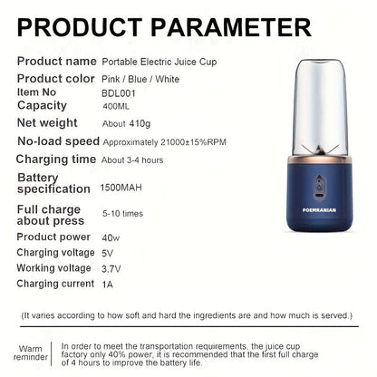 Portable Personal Blender Juicer 1500mAh USB Rechargeable – Food Grade ABS Double Cup Fruit & Vegetable Smoothie Maker, Multifunctional Mini Juicer for Home, Travel & Gym, Gift Box Included