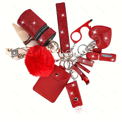 11-Piece Women's Rhinestone Keychain Set – Multifunctional Keyring with Card Holder, Pill Bottle, Whistle, Perfume Bottle & Storage Bag, Perfect Gift for Ladies
