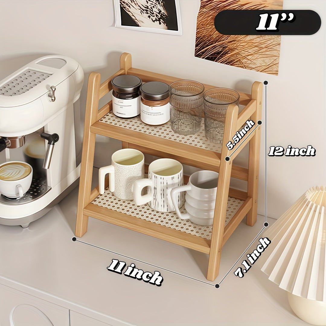 2-Tier Wooden Countertop Shelf Organizer Vintage Trapezoidal Design, Bamboo Desktop Storage Rack for Kitchen Office Bedroom, Space-Saving Counter Shelf for Coffee Cups Books Decor – 1 or 2 Pack, Large & Medium
