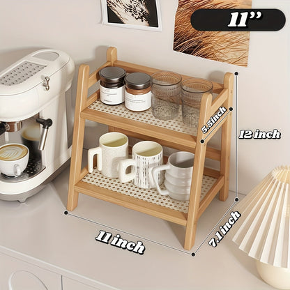 2-Tier Wooden Countertop Shelf Organizer Vintage Trapezoidal Design, Bamboo Desktop Storage Rack for Kitchen Office Bedroom, Space-Saving Counter Shelf for Coffee Cups Books Decor – 1 or 2 Pack, Large & Medium