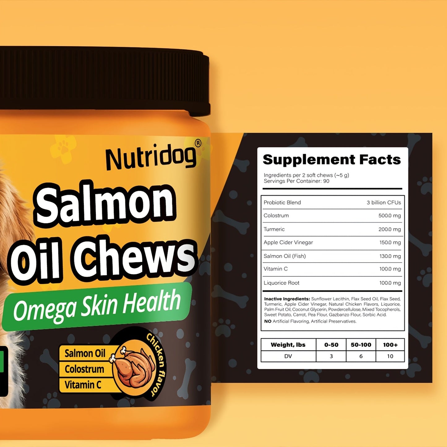 Dog Nutritional Supplement Soft Chews 90 Count with Probiotics Salmon Oil Chicken Flavor - Supports Coat Gut Health Immunity for Dogs All Ages 225g