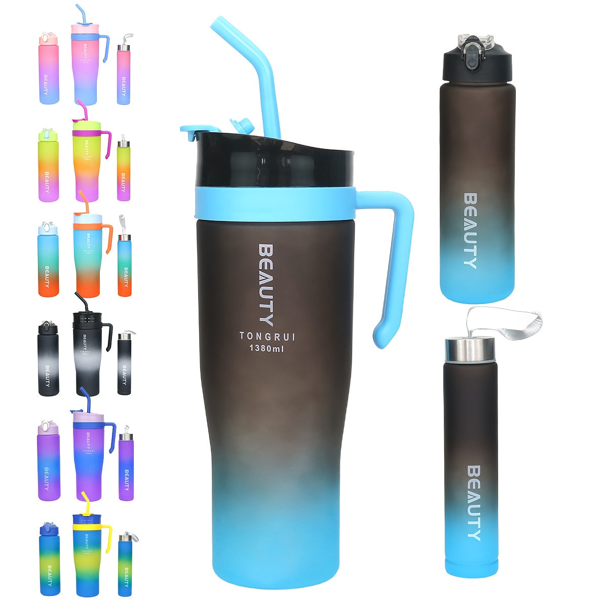 BPA-Free Gradient Water Bottles 5-Piece Set with Straw & Spill-Proof Lid - 46oz 27oz 9oz Leak-Proof Sports Bottles for Gym Travel Outdoor