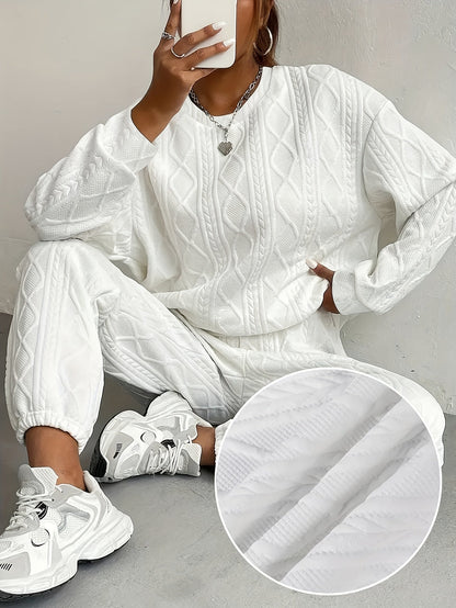 Women's 2-Piece Pullover Sweatsuit Set – Textured Jacquard Crewneck Long Sleeve Top & Sweatpants Tracksuit Breathable Casual Loungewear for Spring Summer S-XXL