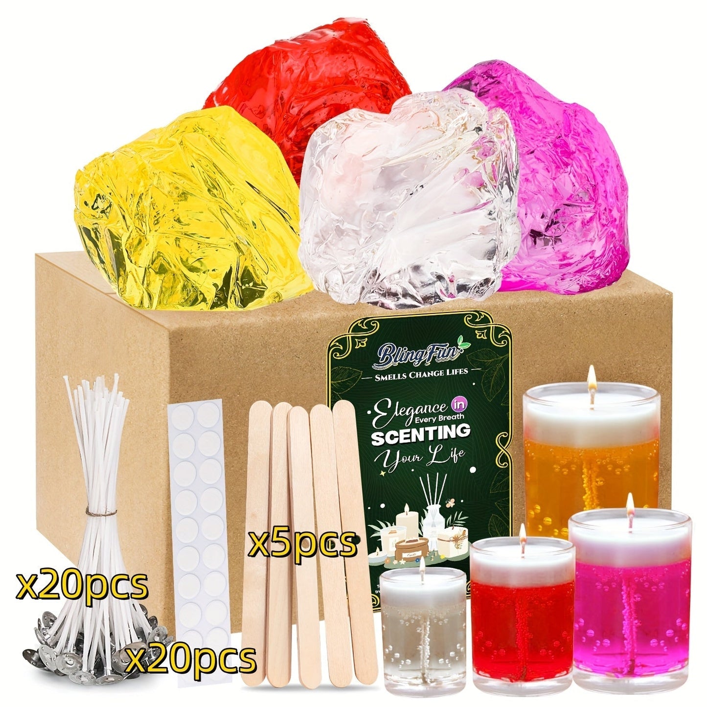 BlingFun Gel Candle Making Kit – 400g Clear Jelly Wax 4 Colors, 20pcs Pre-Tabbed Wicks, 20pcs Stickers, 5pcs Wick Holders, DIY Scented Candle Supplies for Beginners Home Decor Craft Gift