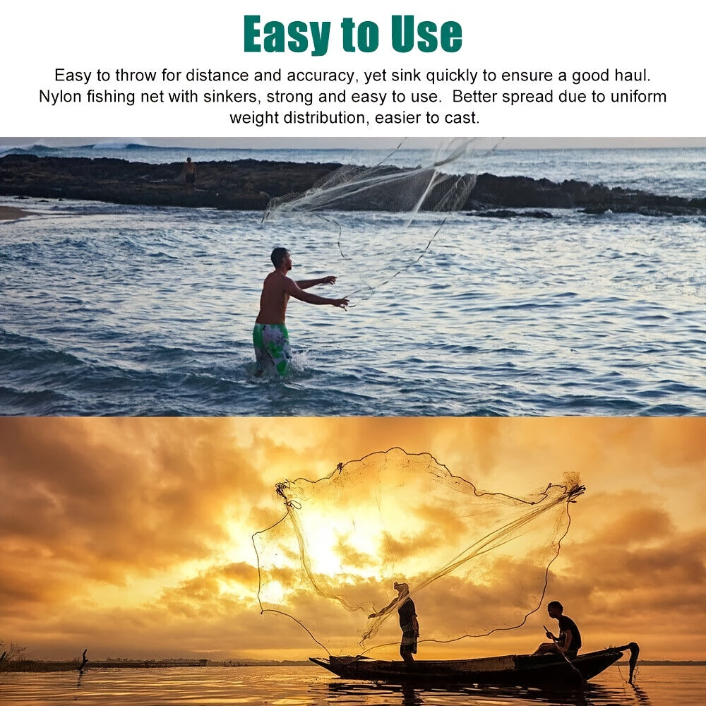 Fishing Cast Net 8FT 10FT for Bait Trapping – Strong Nylon Monofilament Mesh with Heavy Duty Zinc Sinker Weights, Easy Throw Design for American Saltwater & Freshwater Fishing, 240/300 Steel Drop