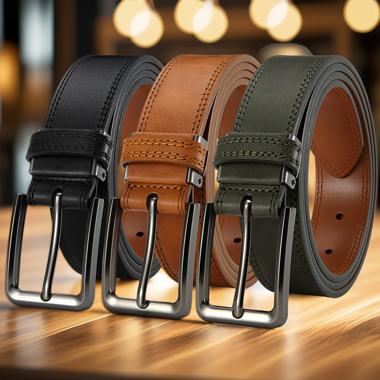 3pcs Men's Genuine Leather Belt Set with Pin Buckle – Classic Vintage Cowhide Adjustable Jean Belts for Men, Multiple Colors & Sizes
