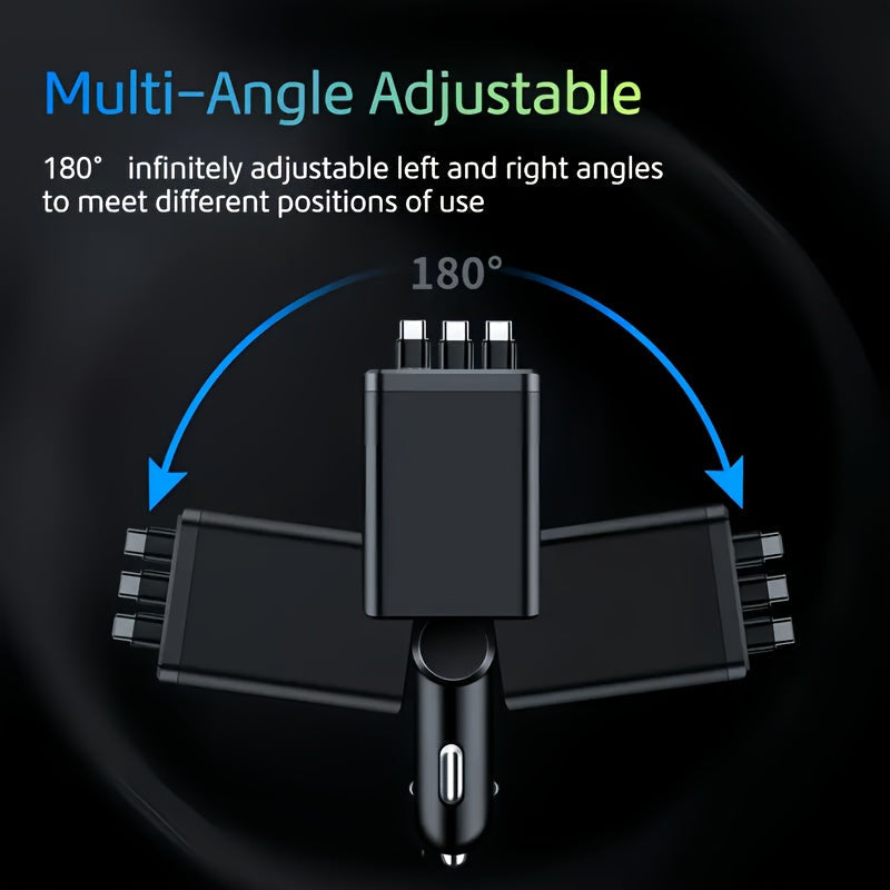 7-in-1 Car Fast Charger with 3 Retractable Cables LED Digital Display 180° Adjustable Universal Plug - Multi-Port Car Phone Charger for iPhone Android USB-C