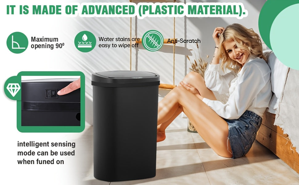13 Gallon Touchless Trash Can 50L Automatic Motion Sensor Lid | Stainless Steel & Plastic Kitchen Waste Bin | Soft Close Hands-Free Garbage Can | Kitchen Office Bedroom | Black White Red Pink