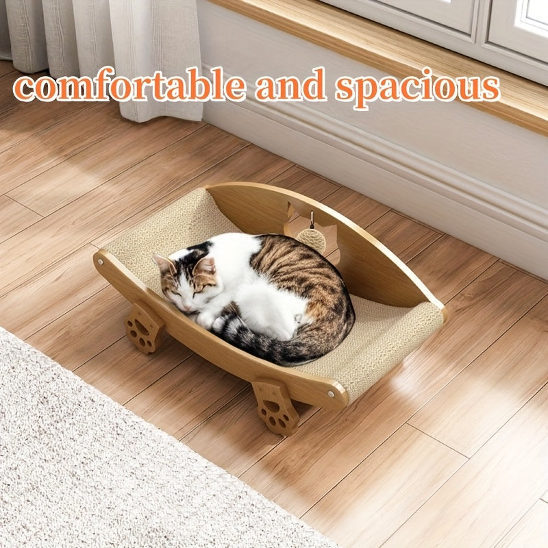 Natural Sisal Cat Scratcher Lounge Chair with Hanging Ball Toy – Solid Wood Curved Cat Bed Scratching Pad, Anti-Scratch Kitty Sofa, Furniture Protector for Indoor Cats