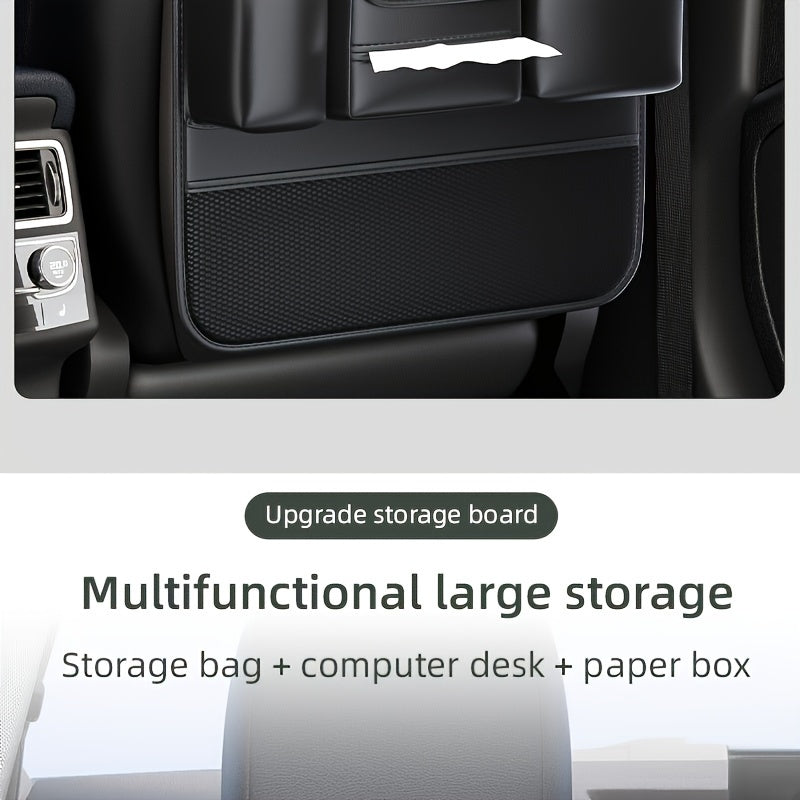 Car Seat Back Organizer PU Leather – Multifunctional Back Seat Storage Bag with Foldable Dining Table, Cup Holder & Travel Pockets, Universal Fit for Cars SUVs Trucks, Road Trip Accessories